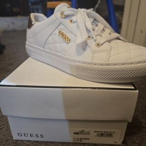 Guess White Quilted Sneakers with Gold Details